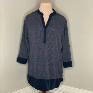 Antilia Femme Navy Blue Print Roll Tab Sleeves Top Size Medium